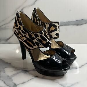 BCBGeneration | Women's Leopard Calf Hair Strappy Peep Toe Harmony Heels Sz 7.5